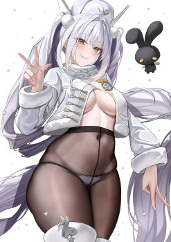 1girl absurdres belt belt_buckle blanc_(fortune_express)_(nikke) blanc_(nikke) blush boots breasts brown_pantyhose buckle chinese_commentary closed_mouth commentary_request cowboy_shot crotch_seam facial_mark fang fang_out fingernails floating floating_hair floating_object fur-trimmed_boots fur-trimmed_jacket fur-trimmed_sleeves fur_trim goddess_of_victory:_nikke grey_hair grey_nails hair_intakes hair_ornament hand_up hat high-waist_pantyhose highres jacket kaijiba large_breasts long_hair long_sleeves looking_at_viewer nail_polish navel no_bra no_pants official_alternate_costume official_alternate_hairstyle open_clothes open_jacket panties panties_under_pantyhose pantyhose pom_pom_(clothes) pom_pom_hair_ornament simple_background skin_fang snowing solo standing star_(symbol) star_facial_mark star_hair_ornament stuffed_animal stuffed_rabbit stuffed_toy thigh_boots twintails underwear v very_long_hair w white_background white_belt white_boots white_hat white_jacket white_panties yellow_eyes