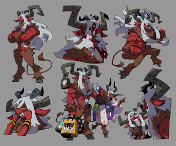 1boy 1girl bag baphomet_(niking) bracelet colored_skin demon drink goat_legs hair_between_eyes highres horizontal_pupils horns jewelry long_hair mixed_horns multiple_views muscular muscular_male niking original red_skin sharp_teeth shopping_bag tail teeth white_hair yellow_eyes