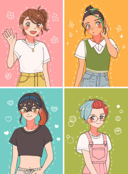 4girls :d :o alternate_costume alternate_hairstyle aoaoe_2 bangs_pinned_back black_hair black_shirt blue_hair blue_hairband blush blush_stickers brown_eyes brown_hair carmine_(pokemon) casual collarbone commentary_request crop_top dotted_line eyelashes freckles glasses green_hair green_vest grey_eyes hairband heart highres jewelry juliana_(pokemon) midriff multicolored_hair multiple_girls navel necklace nemona_(pokemon) nintendo notice_lines open_mouth overalls penny_(pokemon) pink_overalls poke_ball_symbol pokemon pokemon_sv red_hair round_eyewear shirt short_hair short_sleeves side_ponytail smile two-tone_hair very_short_hair vest waving white_shirt