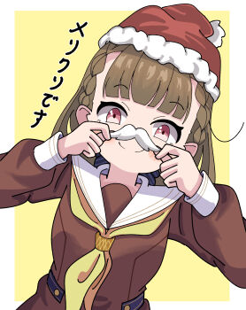 Rule 34 | 1girl, absurdres, black bow, border, bow, braid, brown dress, brown hair, center-flap bangs, commentary, dress, fake facial hair, fake mustache, fur-trimmed headwear, fur trim, hair bow, hashtag-only commentary, hasu no sora school uniform, hat, highres, holding mustache, kachimachi kosuzu, link! like! love live!, long hair, long sleeves, love live!, neckerchief, outside border, pink eyes, red hat, sailor collar, sailor dress, santa hat, school uniform, side braids, simple background, solo, tange murasaki, upper body, virtual youtuber, white border, white sailor collar, winter uniform, yellow background, yellow neckerchief