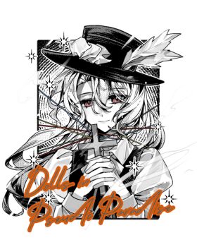 1girl border collared_shirt copyright_name cross fedora frilled_hat frills greyscale hat hat_feather highres holding holding_cross jacket_girl_(dipp) long_hair monochrome shirt smile solo touhou upper_body vest white_border yellow_eyes