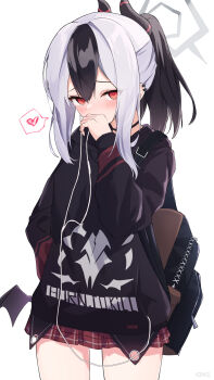 Rule 34 | 1girl, absurdres, backpack, bag, black hair, blue archive, commentary request, covering own mouth, cowboy shot, ear piercing, halo, hand up, heart, highres, hood, hoodie, horns, kayoko (blue archive), long sleeves, looking at viewer, lows., miniskirt, multicolored hair, piercing, plaid clothes, plaid skirt, ponytail, red eyes, red skirt, sidelocks, simple background, skirt, solo, spoken heart, two-tone hair, white background, white hair