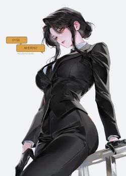 1girl against_railing arm_support black_gloves black_hair black_necktie black_pants black_suit breasts business_suit character_request collared_shirt commentary_request copyright_request dress_shirt formal_clothes from_below gloves hair_bun half_gloves highres jacket korean_commentary large_breasts necktie op808 pant_suit pants parted_lips railing shirt sidelocks simple_background sitting solo speech_bubble suit suit_pants translation_request white_background yellow_eyes