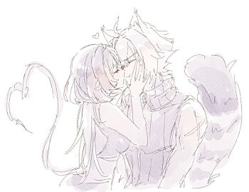 1boy 1girl animal_ear_fluff animal_ears black_hair breasts cat_boy cat_ears cat_tail closed_eyes commentary_request from_side greyscale hair_between_eyes hands_on_another&#039;s_cheeks hands_on_another&#039;s_face heart heart_tail hetero jane_doe_(zenless_zone_zero) kiss long_hair medium_breasts milk_(ohota_ye1) monochrome mouse_ears mouse_girl mouse_tail ribbed_sweater scar scar_on_shoulder seth_lowell sharp_tail short_hair simple_background sleeveless sleeveless_sweater sweater tail upper_body white_background white_hair zenless_zone_zero