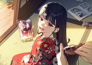 13_(bbr584607091) 1girl 1other absurdres black_hair brushing_another&#039;s_hair brushing_hair comb commentary_request feet_out_of_frame floral_print floral_print_kimono grey_eyes hands_on_lap highres holding holding_comb indoors japanese_clothes kimono long_hair looking_at_viewer looking_back open_mouth original petals photo_album print_kimono purple_kimono red_kimono shouji sliding_doors smile tatami
