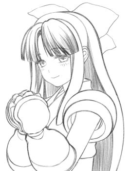 1girl ainu_clothes breasts fingerless_gloves gloves hair_ribbon highres long_hair looking_at_viewer medium_breasts monochrome nakoruru ribbon samurai_spirits sketch smile snk solo the_king_of_fighters traditional_media
