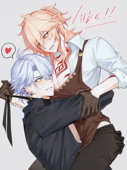 2boys absurdres antenna_hair arm_tattoo black_choker black_gloves black_shirt blonde_hair blue_eyes blush braid chest_tattoo chinese_commentary choker collared_shirt commentary_request earclip facial_tattoo gloves gradient_hair half_gloves hand_on_another's_ass heart highres honkai:_star_rail honkai_(series) hug male_focus medium_hair multicolored_hair multiple_boys mydei_(delicacies)_(honkai:_star_rail) mydei_(honkai:_star_rail) official_alternate_costume one_eye_closed parted_bangs phainon_(fashion)_(honkai:_star_rail) phainon_(honkai:_star_rail) ponytail red_hair red_tattoo shirt short_hair side_braid spoken_heart tattoo tianmengfanmai white_hair white_shirt yaoi yellow_eyes