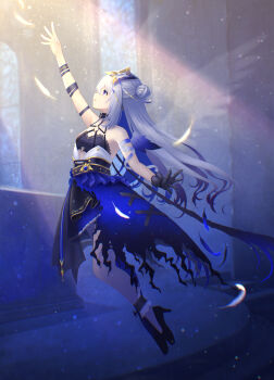 1girl amane_kanata amane_kanata_(another_world) arm_up bare_shoulders black_choker black_gloves black_jacket black_sports_bra blue_hair blue_halo blue_thighhighs blue_wings choker collarbone commentary_request crossed_bangs full_body gloves gradient_hair gradient_wings grey_hair halo heart high_heels highres hololive jacket jewelry long_hair looking_up multicolored_hair multicolored_wings necklace o-ring o-ring_choker official_alternate_costume official_alternate_hairstyle onigirysenbei open_mouth parted_bangs purple_eyes single_hair_intake single_thighhigh solo sports_bra star_halo thighhighs tilted_halo virtual_youtuber white_hair white_wings wings