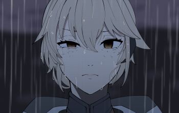 1girl blonde_hair brown_eyes closed_mouth dark_background disgust gar32 girls'_frontline girls'_frontline_2:_exilium groza_(girls'_frontline_2) highres looking_at_viewer ots-14_(girls'_frontline) parody portrait rain reze's_eye_twitch_(chainsaw_man) solo straight-on wet