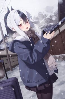 1girl alternate_costume black_hair black_pantyhose black_skirt blue_archive blue_jacket blush brown_scarf demon_girl demon_horns from_side hair_between_eyes halo highres horns jacket jmao kayoko_(blue_archive) long_hair looking_at_viewer multicolored_hair open_mouth outdoors pantyhose ponytail scarf sidelocks skirt snow solo sweater two-tone_hair white_hair white_halo white_sweater