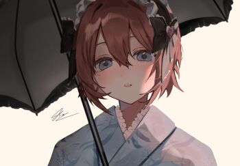 Rule 34 | 1girl, ao no kiseki, artist name, blue eyes, blush, eiyuu densetsu, hair between eyes, hair ornament, highres, japanese clothes, k hannah, kimono, looking at viewer, noel seeker, open mouth, red hair, short hair, simple background, umbrella, zero no kiseki