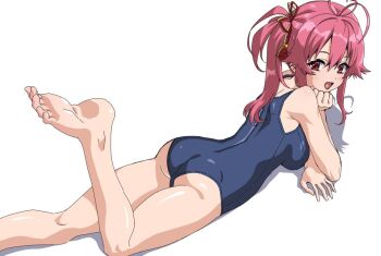 Rule 34 | 1girl, :d, antenna hair, ass, assault lily, bare arms, bare legs, bare shoulders, barefoot, blue one-piece swimsuit, blush, breasts, commentary, foot out of frame, from behind, hair between eyes, hair ornament, hand on own chin, hat, hat ribbon, head rest, leg up, long hair, looking at viewer, looking back, lying, medium breasts, mototenn, nagasaka maho, on stomach, one-piece swimsuit, open mouth, pink eyes, pink hair, red ribbon, ribbon, school swimsuit, shadow, side ponytail, simple background, smile, soles, solo, swimsuit, tassel, tassel hair ornament, white background, yellow ribbon