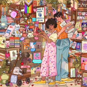 1boy 1girl absurdly_detailed_composition absurdres animal artimaking blue_pants book book_stack bookshelf bookstore brown_hair character_doll curly_hair dog doll english_text frog glasses highres holding holding_book indoors loaded_interior orange_shirt original overalls pants pink_overalls plant potted_plant scenery shirt shoes shop sign smile stuffed_animal stuffed_toy the_locked_tomb wagon