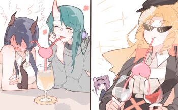 4girls ? animal_ears arknights beret black_hairband black_headwear black_jacket black_necktie blue_hair blush ch&#039;en_(arknights) chinese_commentary closed_eyes collared_shirt commentary_request crazy_straw dragon_horns drill_hair drinking_straw embarrassed full-face_blush green_hair grey_sweater hairband hat head_rest heart_straw horns hoshiguma_(arknights) jacket lin_(arknights) long_hair mouse_ears multiple_girls naichabencha necktie no_eyes open_mouth orange_hair purple_eyes purple_hair shared_straw shirt side_drill sidelocks simple_background single_horn skin-covered_horns sleeveless sleeveless_shirt smile sunglasses sweater swire_(arknights) twin_drills twintails upper_body wavy_mouth white_background white_shirt yuri