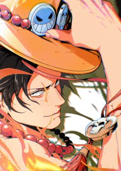 Rule 34 | 1boy, arm up, black hair, brown hat, closed mouth, commentary, english commentary, fire, freckles, hat, highres, jewelry, looking to the side, male focus, mygiorni, necklace, one piece, portgas d. ace, portrait, short hair, sideways glance, solo, white eyes