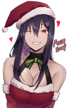 1girl absurdres bare_shoulders bow bowtie breasts christmas cleavage collarbone commentary_request dress elbow_gloves gloves green_bow green_bowtie hair_ornament hairclip harris_hero hat heart highres light_blush long_hair looking_at_viewer medium_breasts merry_christmas one_eye_closed open_mouth original parted_lips purple_hair red_dress red_eyes red_gloves red_hat santa_hat sayaka_(harris_hero) sidelocks smile solo teeth upper_body white_background