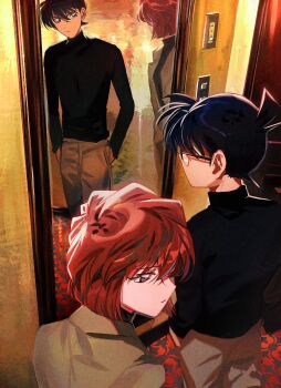 1boy 1girl black_hair black_shirt brown_hair brown_jacket brown_pants different_reflection edogawa_conan full-length_mirror glasses haibara_ai hands_in_pockets highres indoors jacket kudou_shin&#039;ichi looking_at_mirror meitantei_conan mirror miyano_shiho pants reflection segami shirt short_hair