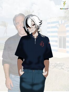 Rule 34 | american flag, arlecchino (genshin impact), black eyes, black hair, blue shirt, cross-shaped pupils, denim jeans, genshin impact, hand in pocket, head tilt, highres, island, jeffrey epstein, light smile, m0r14rt7, meme, multicolored hair, pale skin, photo background, real life, red pupils, shirt, smile, symbol-shaped pupils, temple, two-tone hair, white hair