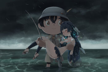 Rule 34 | 1boy, 1girl, animal crossing, armor, beleven, bikini armor, black hair, blue hair, breasts, brown eyes, captain (kemono friends), choker, cleavage, closed eyes, cloud, cloudy sky, coelacanth (kemono friends), commentary request, fins, fish girl, fishing rod, hat, hat feather, head fins, highres, japari symbol, kemono friends, kemono friends 3, large breasts, long hair, necktie, nintendo, ocean, parody, rain, sandals, shirt, short hair, shorts, sky