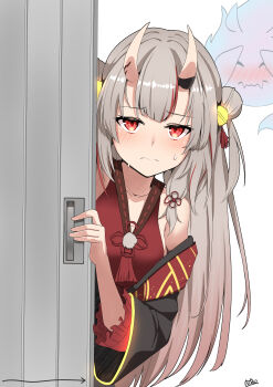 1girl absurdres arrow_(symbol) artist_logo bell black_kimono blush breasts closed_mouth commentary double_bun embarrassed flower_knot frown furrowed_brow hair_bell hair_bun hair_ornament highres hololive horns japanese_clothes kimono logo long_hair looking_at_viewer micon multicolored_hair nakiri_ayame nakiri_ayame_(1st_costume) nervous_sweating off_shoulder pom_pom_(clothes) poyoyo_(nakiri_ayame) red_eyes red_hair silver_hair simple_background skin-covered_horns sliding_doors small_breasts solo streaked_hair sweat tassel two-tone_hair two_side_up upper_body virtual_youtuber white_background