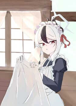 1girl absurdres alternate_costume apron black_dress black_hair blue_archive blush bright_pupils colored_bangs commentary_request demon_horns dress enmaided gloves grey_halo halo highres holding_cloth horns kayoko_(blue_archive) kayokolove3_17 looking_at_viewer maid maid_apron maid_headdress multicolored_hair red_eyes solo two-tone_hair upper_body white_apron white_gloves white_hair window