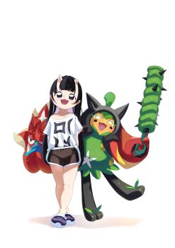 2girls :3 absurdres arms_behind_back black_hair black_shorts black_skin bright_pupils broken_horn child clothes_writing collarbone colored_inner_hair colored_skin commission cone_horns crocs crossed_legs fangs female_focus flat_chest full_body gpaper232 green_hair happy highres holding holding_weapon horns ivy_cudgel_(pokemon) leg_up legs long_hair looking_at_viewer mask multicolored_hair multicolored_skin multiple_girls nintendo off_shoulder ogerpon ogerpon_(hearthflame_mask) open_mouth orange_skin original oversized_clothes oversized_shirt pointy_ears pokemon pokemon_(creature) pokemon_move purple_eyes purple_footwear purple_hair sandals shirt shirt_tucked_in short_shorts short_sleeves shorts sidelocks simple_background single_bare_shoulder skin-covered_horns smile spikes standing standing_on_one_leg star-shaped_pupils star_(symbol) symbol-shaped_pupils thighs two-tone_hair two-tone_skin unworn_mask watson_cross weapon white_background white_pupils white_shirt white_trim yellow_eyes