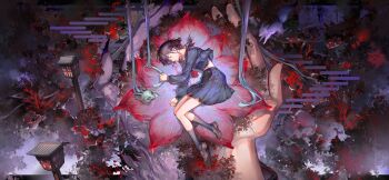 1girl 1other absurdres bingbing_(hrppbb) black_serafuku black_shirt black_skirt black_socks brown_shoes closed_eyes closed_mouth cupping_hands fingernails fox fox_mask highres in_palm lantern loafers long_sleeves lying mask midriff on_side own_hands_together pov pov_hands school_uniform serafuku sharp_fingernails shimizu_hinako shirt shoes silent_hill_(series) silent_hill_f skirt socks solo_focus unworn_mask wooden_lantern