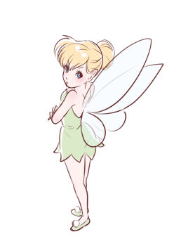 1girl absurdres aoiyuuna_811 bare_shoulders blonde_hair blue_eyes dress fairy fairy_wings green_dress hair_bun highres looking_at_viewer mini_person minigirl pointy_ears single_hair_bun solo strapless strapless_dress tinker_bell_(disney) walt_disney&#039;s_peter_pan wings