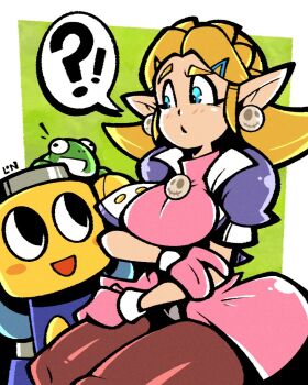 !? 1girl blonde_hair blue_eyes cosplay legendofnerd looking_at_another mega_man_(series) mega_man_legends_(series) nintendo princess_zelda servbot_(mega_man) solo_focus speech_bubble the_legend_of_zelda the_legend_of_zelda:_tears_of_the_kingdom tron_bonne_(mega_man) tron_bonne_(mega_man)_(cosplay)