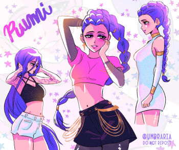 Rule 34 | 1girl, arm tattoo, black camisole, black pantyhose, bracelet, braid, breasts, camisole, character name, cleavage, commentary, contrapposto, detached sleeves, dress, earrings, hair down, halterneck, hands in own hair, highres, jewelry, kpop demon hunters, layered sleeves, long hair, long sleeves, medium breasts, midriff, navel, neck tattoo, pantyhose, parted lips, purple eyes, purple hair, ring, rumi (kpop demon hunters), short dress, short over long sleeves, short shorts, short sleeves, shorts, single braid, small breasts, smile, star (symbol), tattoo, tumblr username, umbra (edits umbra), very long hair, watermark, white dress, white shorts