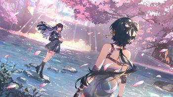 2girls absurdres arm_cutout bare_shoulders black_bow black_choker black_hair black_jacket black_serafuku black_shirt black_shoes black_skirt black_socks bow cherry_blossoms chinese_commentary chisa_(wuthering_waves) choker clothing_cutout commentary_request copyright_notice elbow_pads female_rover_(wuthering_waves) game_cg hair_bow hair_ribbon highres jacket logo long_hair long_sleeves looking_at_another low_ponytail multiple_girls official_art pangu_terminal_(wuthering_waves) pink_petals ponytail red_eyes red_ribbon ribbon rover_(wuthering_waves) sailor_collar school_uniform serafuku shirt shoes skirt socks steepled_fingers tacet_mark_(wuthering_waves) thigh_strap white_sailor_collar wind wuthering_waves