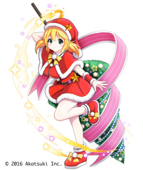 Rule 34 | 1girl, blonde hair, breasts, capelet, christmas, christmas tree, commentary request, copyright notice, edamame senpai, full body, fur-trimmed capelet, fur-trimmed skirt, fur trim, green eyes, hat, holding, holding weapon, large breasts, looking at viewer, low twintails, official art, pink ribbon, red capelet, red skirt, ribbon, santa costume, santa hat, skirt, smile, solo, sparkle, standing, standing on one leg, thousand memories, twintails, unconventional weapon, weapon, wristband