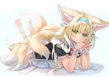 1girl absurdres animal_ear_fluff animal_ears arknights barefoot blonde_hair blue_hairband blush closed_mouth dx.dix feet feet_up frills full_body green_eyes hairband highres long_hair looking_at_viewer lying maid multicolored_hair multiple_tails on_stomach short_sleeves soles solo streaked_hair suzuran_(arknights) tail the_pose toes white_hair white_tail yellow_tail