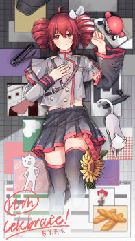 1girl absurdres ahoge anniversary babel_(utau) baguette black_skirt black_sleeves black_thighhighs bread cat closed_mouth digital_dissolve flower food frontiersun fukkireta glitch grey_jacket hand_on_own_chest hand_up highres hito_mania_(utau) jacket kasane_teto kasane_teto_(sv) kasane_teto_(utau) kuronuri_sekai_ate_shokan_(utau) liar_dancer_(synthesizer_v) looking_at_viewer lying marker on_back override_(synthesizer_v) pink_trim pleated_skirt puzzle_piece ripples skirt smile solo sunflower synthesizer_v thighhighs utau yoshiwara_lament_(utau)