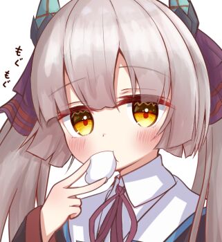 Rule 34 | 1girl, :t, blunt bangs, blunt ends, blush, brown hair, collared shirt, commentary, eating, fake horns, food, food in mouth, frapan pan, hair ribbon, hand up, heaven burns red, hime cut, horns, long hair, looking at viewer, mochi, neck ribbon, ogasawara hisame, portrait, purple ribbon, red pupils, ribbon, shirt, sidelocks, simple background, solo, sound effects, twintails, v, white background, white shirt, yellow eyes