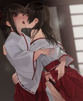 Rule 34 | 2boys, bar censor, brown eyes, brown hair, censored, clothes lift, commentary request, french kiss, heavy breathing, high ponytail, highres, hug, indoors, japanese clothes, josou seme, kiss, long hair, looking at another, miko, multiple boys, off shoulder, original, penis, penises touching, ponytail, precum, red skirt, saliva, sidelocks, skirt, skirt lift, sunaba (nczd5875), testicles, trap, trap on trap, yaoi