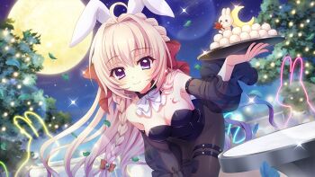 1girl ahoge bare_shoulders bent_over black_collar black_leotard black_pantyhose black_sleeves blonde_hair blue_eyes blue_gemstone blurry blurry_background bow bowtie braid breast_tattoo breasts cleavage closed_mouth collar crescent crescent_tattoo crown_braid detached_sleeves dot_nose dutch_angle falling_leaves film_grain food full_moon game_cg gem hair_bow hair_intakes holding holding_tray izumi_tsubasu leaf lens_flare leotard long_braid long_hair looking_at_viewer maple_leaf medium_breasts mochi mole mole_under_each_eye mole_under_eye moon multiple_moles neon_lights night night_sky non-web_source official_art pantyhose playboy_bunny rabbit railing re:stage! red_bow round_table see-through_clothes see-through_sleeves shiratori_amaha_(re:stage!) sitting sky smile solo sparkle star_(sky) starry_sky strapless strapless_leotard table tattoo thigh_strap tray tree white_bow white_bowtie