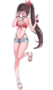 1girl bell bikini breasts brown_hair choker cleavage commentary denim denim_shorts full_body hair_ornament heart heart-shaped_eyewear highres honkai:_star_rail honkai_(series) navel pink_eyes reruyu ribbon sandals shorts side_ponytail small_breasts sparkle_(honkai:_star_rail) strap swimsuit tongue water_gun white_background x_hair_ornament