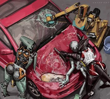 4girls absurdres ass bikini breasts car faceless faceless_female highres joints large_breasts motor_vehicle multiple_girls original robot robot_girl robot_joints swimsuit tail washing_vehicle wet wet_clothes zarzaliel