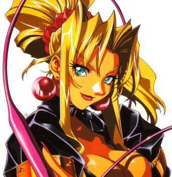 1990s_(style) blonde_hair breasts cleavage earrings bad_tag jewelry kotobuki_tsukasa leotard lipstick looking_at_viewer makeup official_art smile sofia sofia_(toushinden) tamsoft toushinden