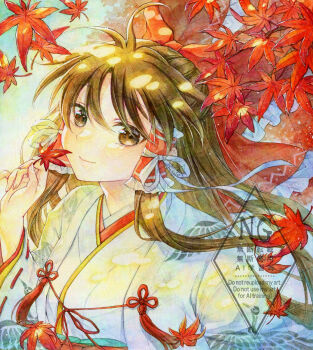 Rule 34 | 1girl, alternate costume, alto2019, animal print, autumn leaves, bird print, bow, brown eyes, brown hair, closed mouth, commentary request, falling leaves, frilled bow, frilled hair tubes, frills, hair bow, hair tubes, hakurei reimu, highres, holding, holding leaf, japanese clothes, kimono, leaf, long hair, looking at viewer, maple leaf, marker (medium), painting (medium), print kimono, red bow, signature, smile, solo, touhou, traditional media, watercolor (medium), watermark, watermark grid, white kimono