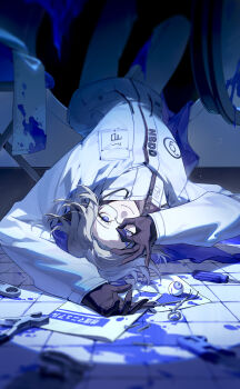 1boy aotsuki_eito black_gloves blood blue_blood blue_eyes blue_theme commentary drawstring english_commentary eyeball eyelashes glasses gloves grey_hair highres indoors jacket light_particles long_sleeves male_focus ok_sign ok_sign_over_eye pants pliers pocket pose_request rimless_eyewear sanpaku scissors screwdriver shiosakana short_hair solo spoilers the_hundred_line_-last_defense_academy- tile_floor tiles towel washing_machine white_jacket white_pants zipper_pull_tab