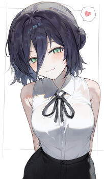 1girl absurdres arms_behind_back bare_shoulders black_hair black_ribbon black_skirt blush breasts chainsaw_man closed_mouth commentary green_eyes hair_between_eyes heart highres huu_(dighapdlxm12) looking_at_viewer medium_breasts reze_(chainsaw_man) ribbon shirt short_hair skirt sleeveless sleeveless_shirt smile solo spoken_heart