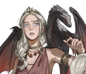 Rule 34 | 1girl, a song of ice and fire, armlet, blonde hair, commentary, creature, creature on shoulder, daenerys targaryen, dragon, english commentary, etceteraart, game of thrones, gem, gold armlet, jewelry, long hair, necklace, on shoulder, purple eyes, red gemstone, tiara
