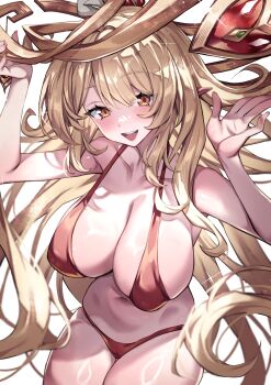 1girl absurdres alice_(genshin_impact) bare_shoulders bikini blonde_hair blush breasts cleavage genshin_impact highres large_breasts long_hair looking_at_viewer navel open_mouth orange_eyes pointy_ears red_bikini redcomet smile solo swimsuit very_long_hair