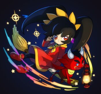 1boy 1girl ascot ashley_(warioware) black_background black_hair blue_background broom broom_riding demon_tail demon_wings devil dress fang highres horns jewelry lantern long_hair necklace nintendo pantyhose pointy_ears red_(warioware) red_eyes sitting skull_necklace sparkle star_(sky) star_(symbol) tail twintails unknown_showhey warioware widow's_peak wings