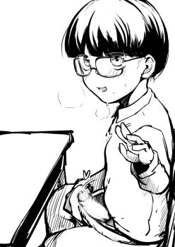 1boy bowl_cut censored commentary_request cowboy_shot erection foreskin glasses greyscale long_sleeves looking_at_viewer male_focus monochrome mosaic_censoring open_mouth original penis_out phimosis sadahiro_(chicken_nugget_gyuuniku_aji) shirt short_hair shota simple_background sitting solo