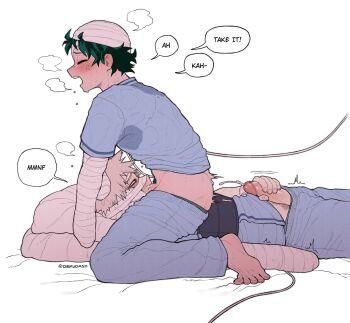 2boys alternate_costume bakugou_katsuki bandaged_arm bandaged_hand bandaged_head bandages blonde_hair blush boku_no_hero_academia closed_eyes clothes_pull colored_pubic_hair cum dekudash ejaculation feet fellatio freckles from_side green_hair green_male_underwear green_pubic_hair grey_male_underwear highres hospital_gown male_focus male_masturbation male_pubic_hair male_underwear masturbation midoriya_izuku moaning multiple_boys open_mouth oral pants pants_pull penis pillow protected_link pubic_hair puff_of_air red_eyes short_hair spiked_hair sweat teeth toes twitter_username underwear upper_teeth_only yaoi