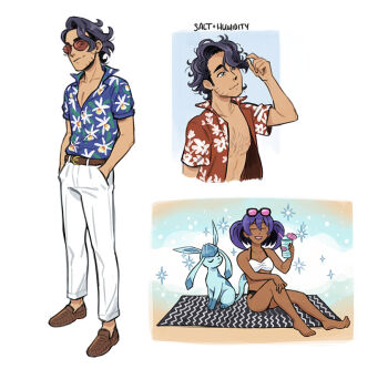 Rule 34 | 1boy, 1girl, black hair, black panties, brown shoes, chest hair, closed eyes, collarbone, collared shirt, cup, dark-skinned female, dark skin, effie lealand, eyewear on head, floral print, gen 4 pokemon, glaceon, hands in pockets, holding, holding cup, multiple views, nintendo, panties, pokemon, pokemon (creature), pokemon xy, professor sycamore, purple hair, shirt, shoes, sina (pokemon), sparkle, standing, sunglasses, underwear