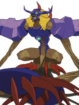 Rule 34 | analog boy02, claws, demon, diablomon, digimon, digimon (creature), horns, looking at viewer, no humans, sharp teeth, solo, standing, teeth, white background